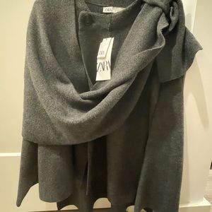 NWT ZARA CROP KNIT COAT WITH ASYMMETRICAL SCARF